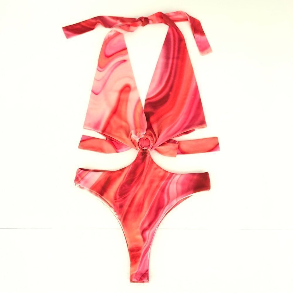 Farai London Gaia Bodysuit in Pink - Halter Cut Out Ring Summer Top Large
